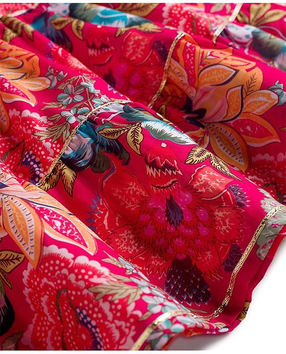 Babyhug 100% Cotton Woven Three Forth Sleeves Floral Printed Sequinned Tiered Ethnic Dress - Fuchsia