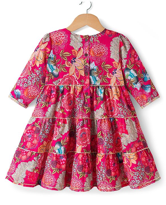 Babyhug 100% Cotton Woven Three Forth Sleeves Floral Printed Sequinned Tiered Ethnic Dress - Fuchsia