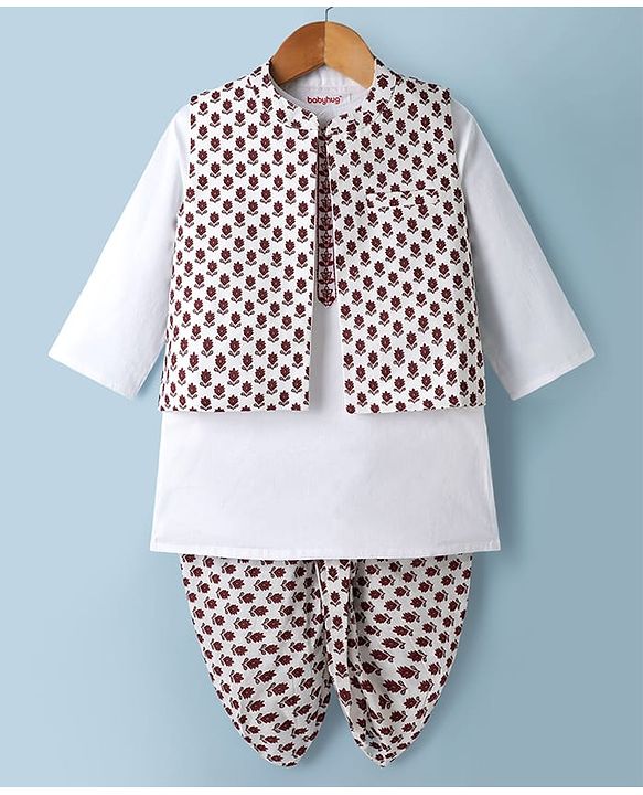 Babyhug Cambric Woven Full Sleeves Dhoti Kurta Set & Nehru Jacket With Floral Print - White