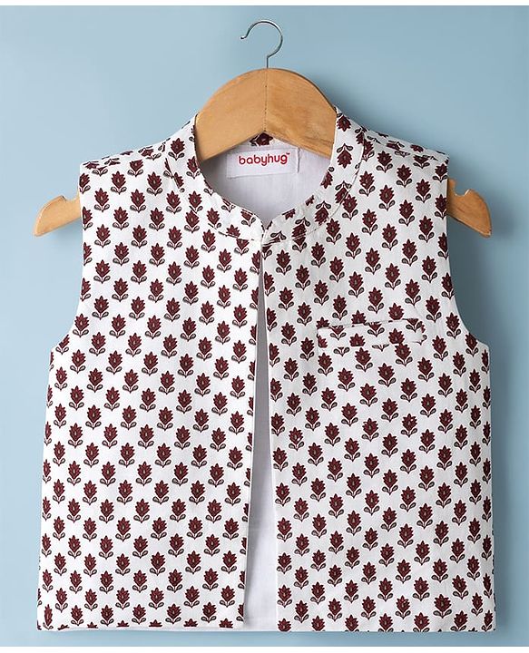 Babyhug Cambric Woven Full Sleeves Dhoti Kurta Set & Nehru Jacket With Floral Print - White