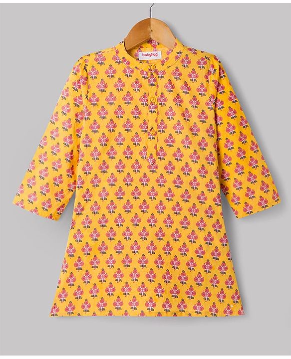 Babyhug 100% Cotton Cambric Woven Full Sleeves Floral Printed Kurta & Pyjama Set - Yellow