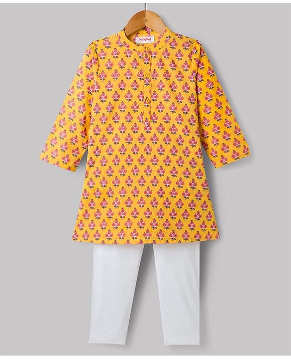 Babyhug 100% Cotton Cambric Woven Full Sleeves Floral Printed Kurta & Pyjama Set - Yellow