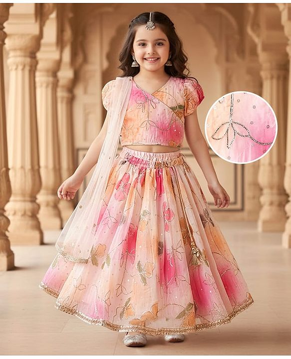 Babyhug Woven Half Puffed Sleeves Choli Lehenga Set with Dupatta & Floral Foil Print - Multicolor