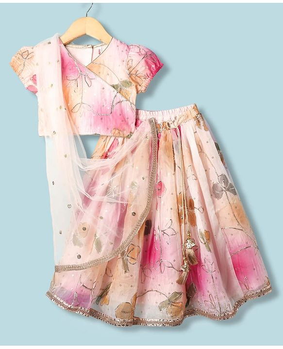 Babyhug Woven Half Puffed Sleeves Choli Lehenga Set with Dupatta & Floral Foil Print - Multicolor