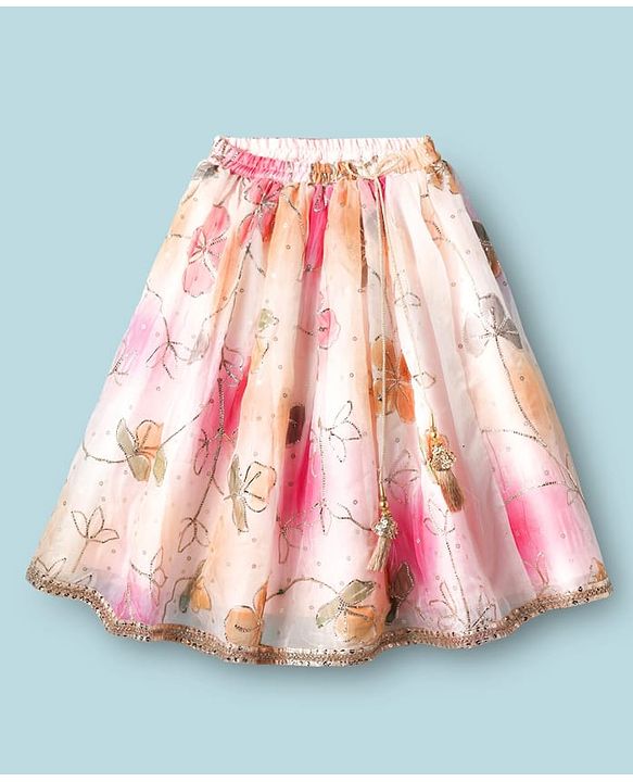 Babyhug Woven Half Puffed Sleeves Choli Lehenga Set with Dupatta & Floral Foil Print - Multicolor