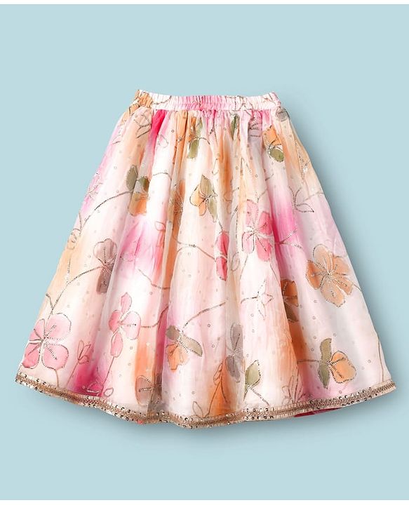 Babyhug Woven Half Puffed Sleeves Choli Lehenga Set with Dupatta & Floral Foil Print - Multicolor