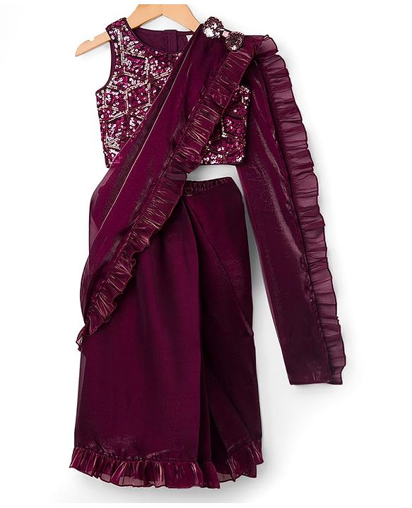 Babyhug Woven Sleeveless Embroidered Blouse With Glass Nylon Solid Saree - Wine