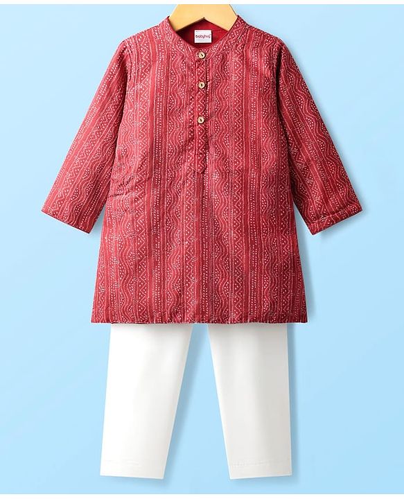 Babyhug Woven Full Sleeves Kurta Pajama Set with Embroidery & Sequin Detailing - Red