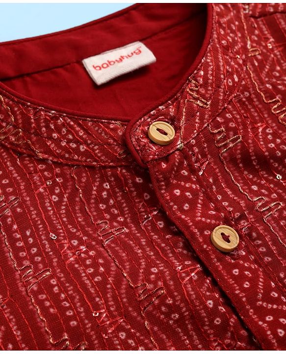 Babyhug Woven Full Sleeves Kurta Pajama Set with Embroidery & Sequin Detailing - Red