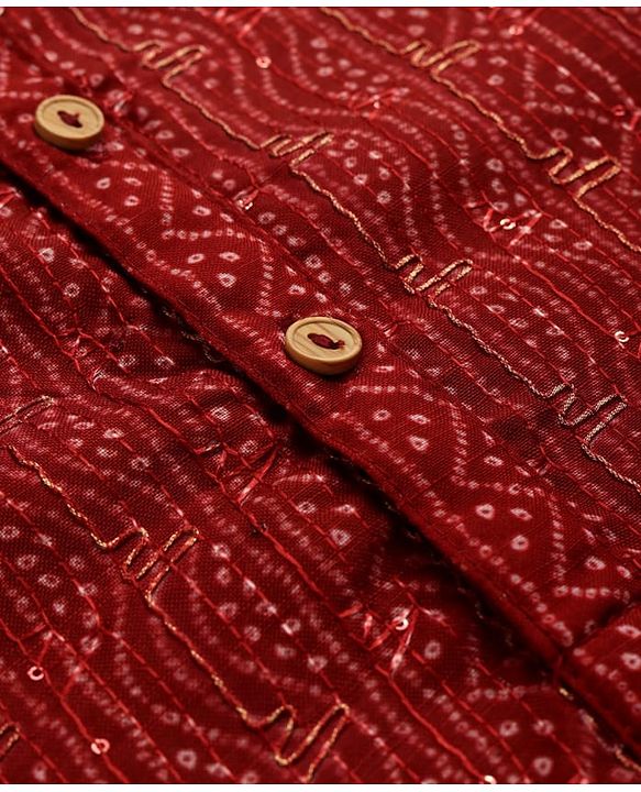 Babyhug Woven Full Sleeves Kurta Pajama Set with Embroidery & Sequin Detailing - Red