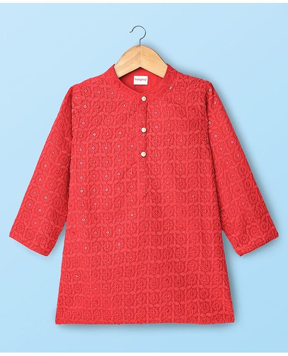 Babyhug Georgette Woven Full Sleeves Embroidered Kurta Pyjama Set With Sequin Detailing - Red & White