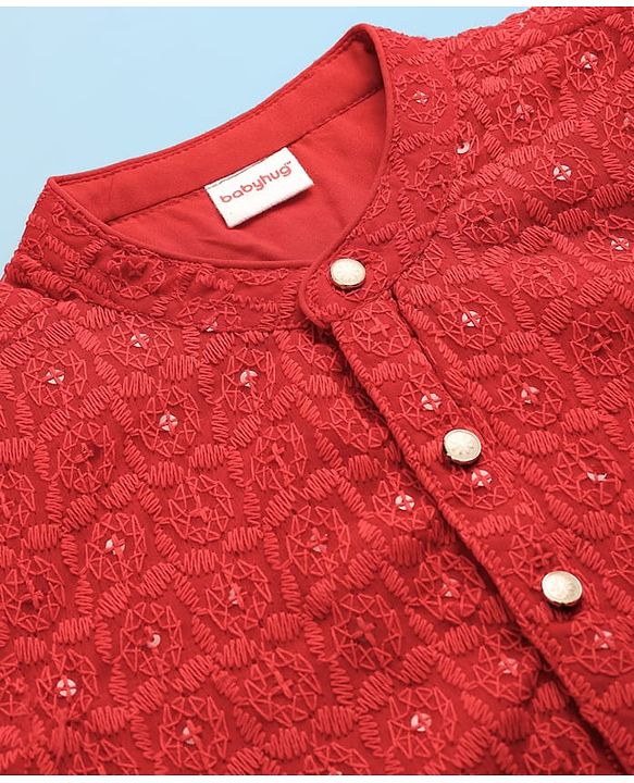 Babyhug Georgette Woven Full Sleeves Embroidered Kurta Pyjama Set With Sequin Detailing - Red & White