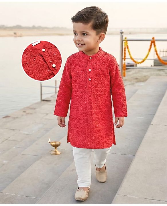 Babyhug Georgette Woven Full Sleeves Embroidered Kurta Pyjama Set With Sequin Detailing - Red & White