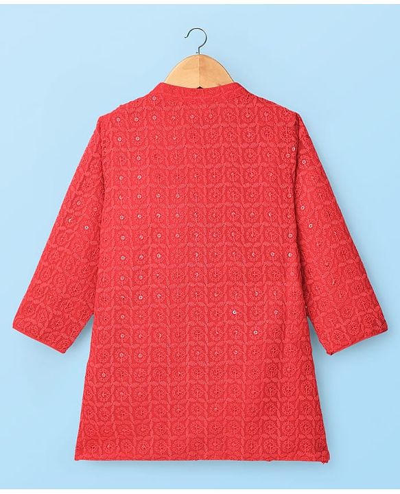 Babyhug Georgette Woven Full Sleeves Embroidered Kurta Pyjama Set With Sequin Detailing - Red & White