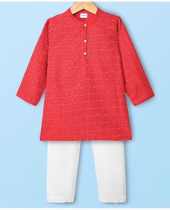 Babyhug Georgette Woven Full Sleeves Embroidered Kurta Pyjama Set With Sequin Detailing - Red & White
