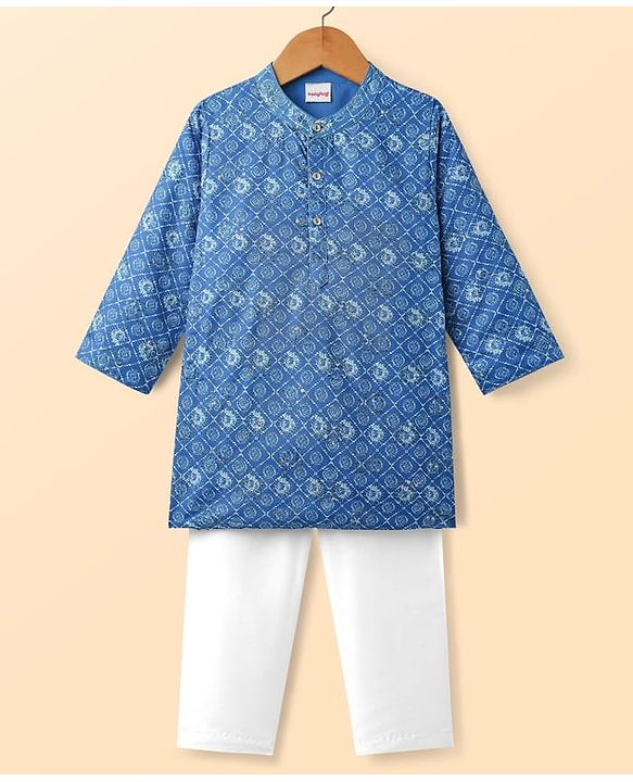 Babyhug Woven Full Sleeves Kurta Pajama Set with Embroidery & Sequin Detailing - Blue