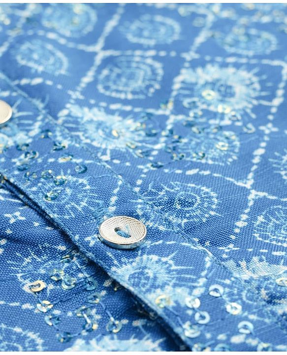 Babyhug Woven Full Sleeves Kurta Pajama Set with Embroidery & Sequin Detailing - Blue