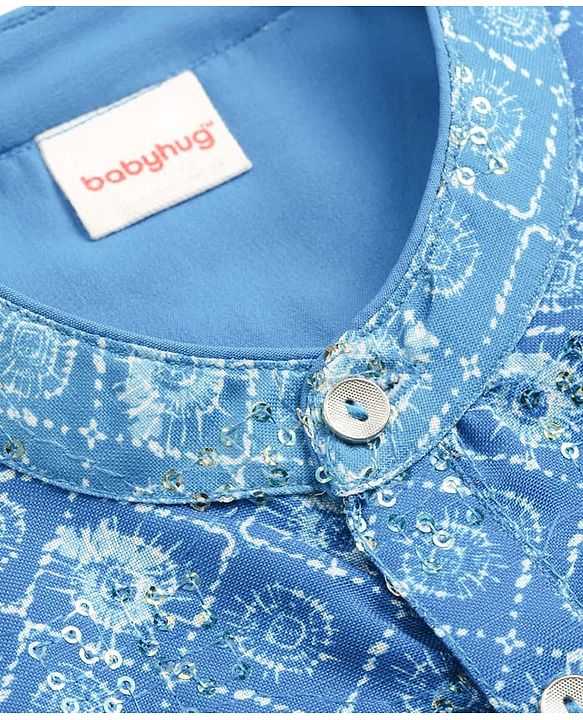Babyhug Woven Full Sleeves Kurta Pajama Set with Embroidery & Sequin Detailing - Blue