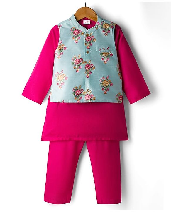 Babyhug Woven Full Sleeves Kurta Pajama Set with Jacket & Floral Print - Dark Pink
