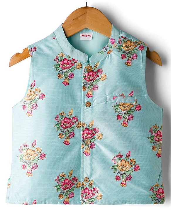Babyhug Woven Full Sleeves Kurta Pajama Set with Jacket & Floral Print - Dark Pink