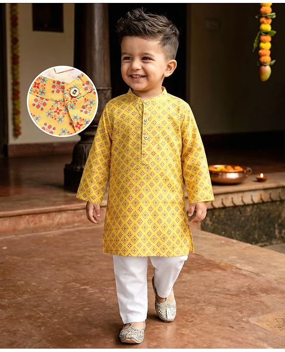 Babyhug Cambric Woven Full Sleeves Kurta Pajama Set with Motif Print - Yellow