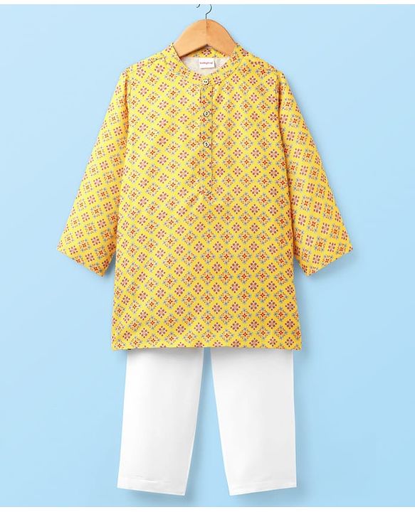 Babyhug Cambric Woven Full Sleeves Kurta Pajama Set with Motif Print - Yellow