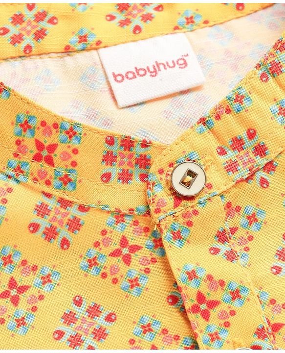 Babyhug Cambric Woven Full Sleeves Kurta Pajama Set with Motif Print - Yellow