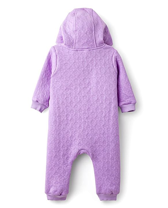 Babyhug Interlock Knit Full Sleeves Front Open Hooded Romper with Hearts Detailing - Purple