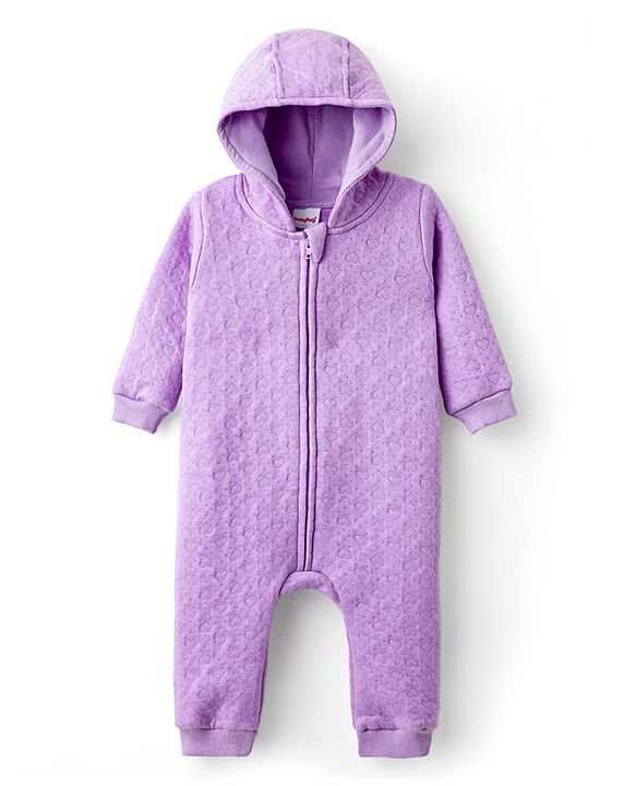 Babyhug Interlock Knit Full Sleeves Front Open Hooded Romper with Hearts Detailing - Purple