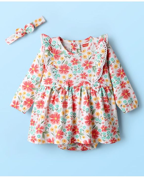 Babyhug 100% Cotton Interlock Knit Onesies With Hairband & Floral Print - Multicolour
