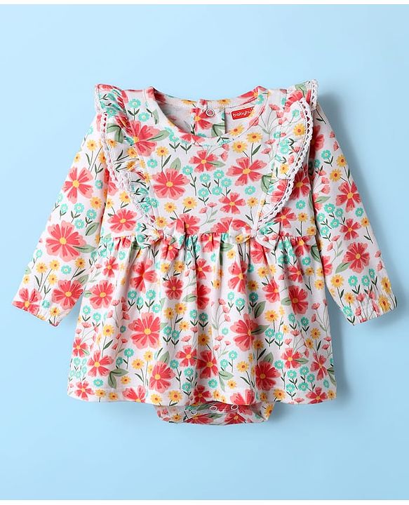 Babyhug 100% Cotton Interlock Knit Onesies With Hairband & Floral Print - Multicolour
