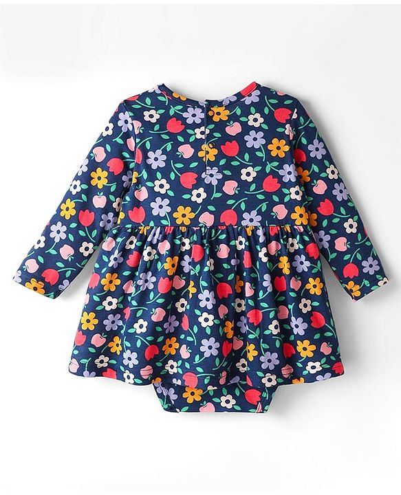 Babyhug 100 % Cotton Full Sleeves Floral Printed Onesies With Headband - Navy Blue