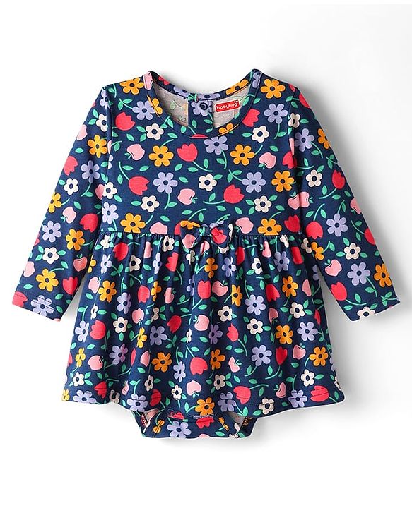 Babyhug 100 % Cotton Full Sleeves Floral Printed Onesies With Headband - Navy Blue