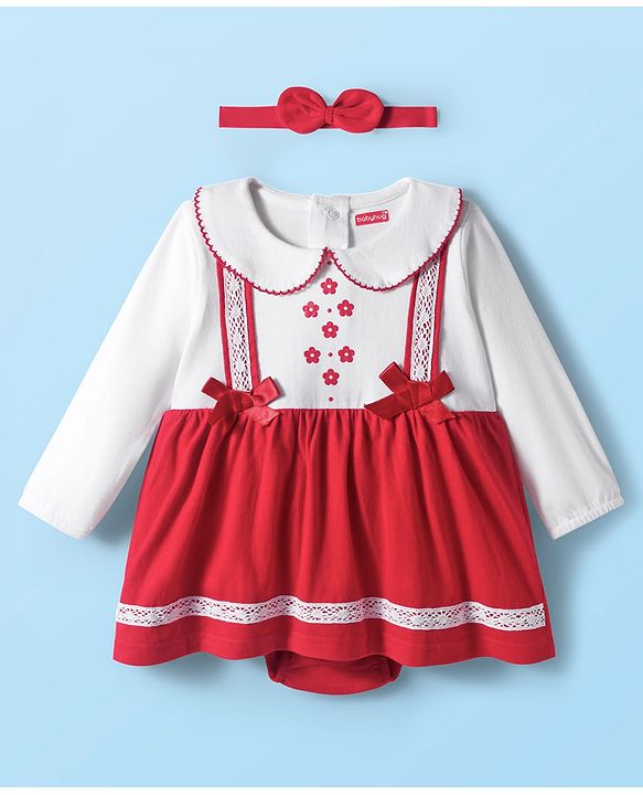 Babyhug 100% Cotton Interlock Knit Full Sleeves Frock Syle Onesies With Hairband - Red