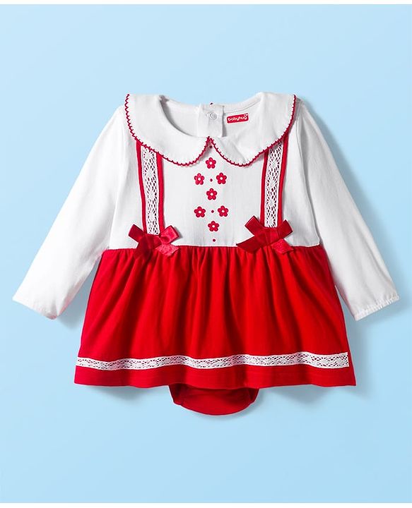 Babyhug 100% Cotton Interlock Knit Full Sleeves Frock Syle Onesies With Hairband - Red