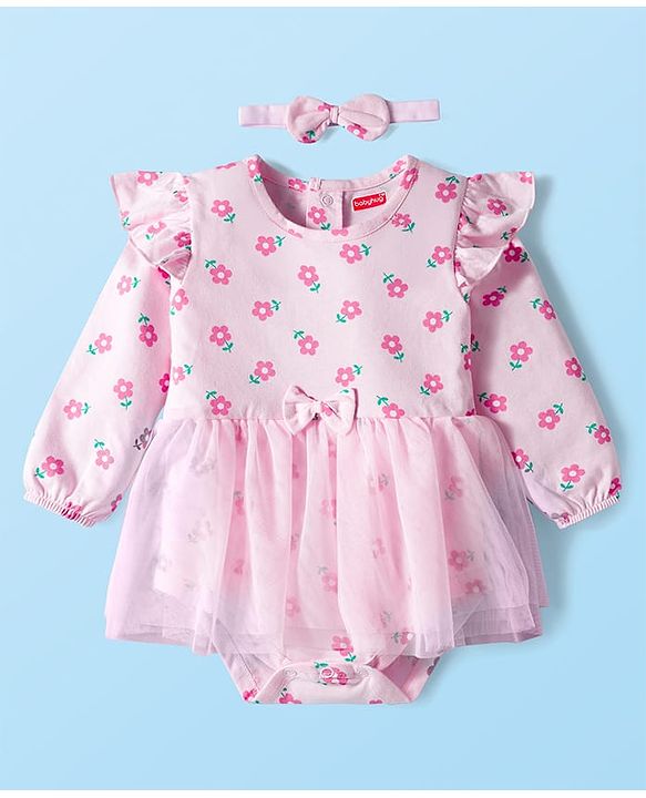 Babyhug 100% Cotton Interlock Knit Full Sleeves Frock Style Onesie with Frill Detailing Floral Print Bow Applique & Hairband - Pink