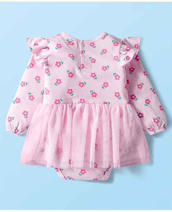 Babyhug 100% Cotton Interlock Knit Full Sleeves Frock Style Onesie with Frill Detailing Floral Print Bow Applique & Hairband - Pink