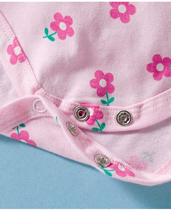 Babyhug 100% Cotton Interlock Knit Full Sleeves Frock Style Onesie with Frill Detailing Floral Print Bow Applique & Hairband - Pink