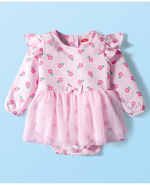 Babyhug 100% Cotton Interlock Knit Full Sleeves Frock Style Onesie with Frill Detailing Floral Print Bow Applique & Hairband - Pink