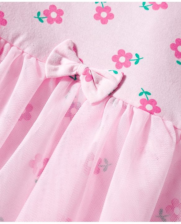 Babyhug 100% Cotton Interlock Knit Full Sleeves Frock Style Onesie with Frill Detailing Floral Print Bow Applique & Hairband - Pink