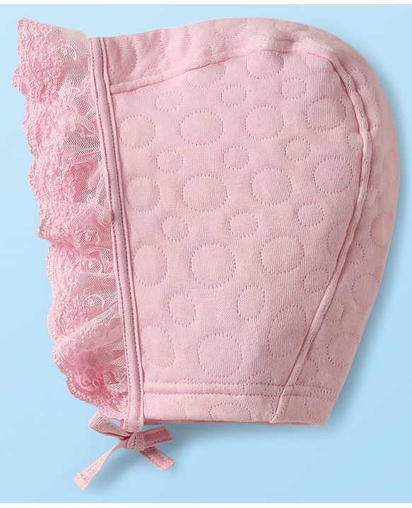 Babyhug 100% Cotton Full Sleeves Solid Coloured Romper With cap & Booties Set With Lace Detailing - Pink
