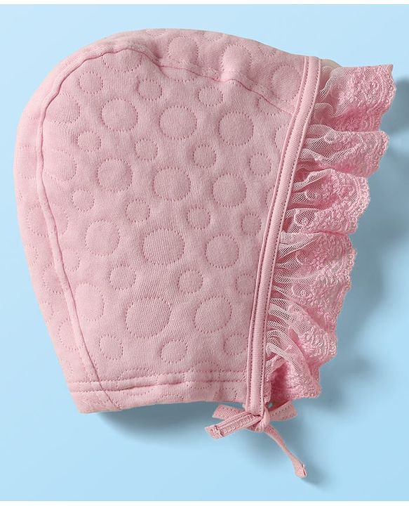 Babyhug 100% Cotton Full Sleeves Solid Coloured Romper With cap & Booties Set With Lace Detailing - Pink
