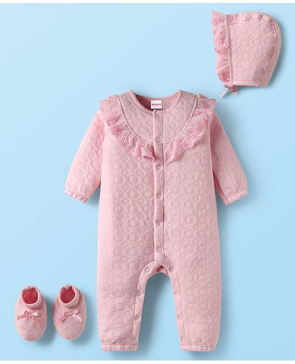 Babyhug 100% Cotton Full Sleeves Solid Coloured Romper With cap & Booties Set With Lace Detailing - Pink