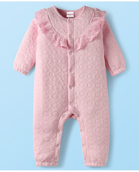 Babyhug 100% Cotton Full Sleeves Solid Coloured Romper With cap & Booties Set With Lace Detailing - Pink