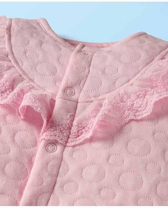 Babyhug 100% Cotton Full Sleeves Solid Coloured Romper With cap & Booties Set With Lace Detailing - Pink