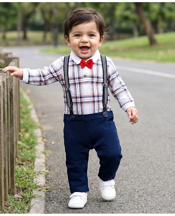 Babyhug Interlock Knit Full Sleeves Checks Party Romper With Bow Applique & Suspender - Navy Blue & White