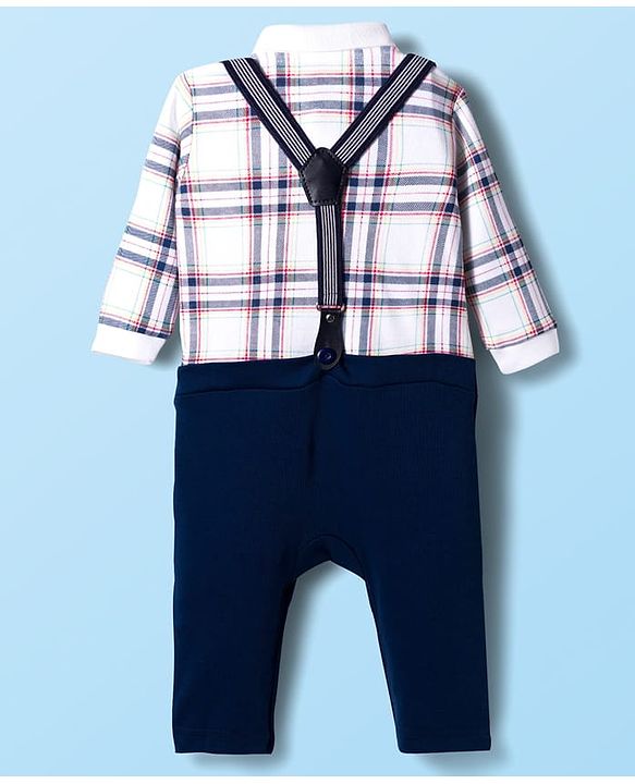 Babyhug Interlock Knit Full Sleeves Checks Party Romper With Bow Applique & Suspender - Navy Blue & White