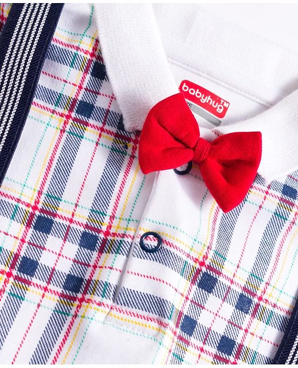 Babyhug Interlock Knit Full Sleeves Checks Party Romper With Bow Applique & Suspender - Navy Blue & White