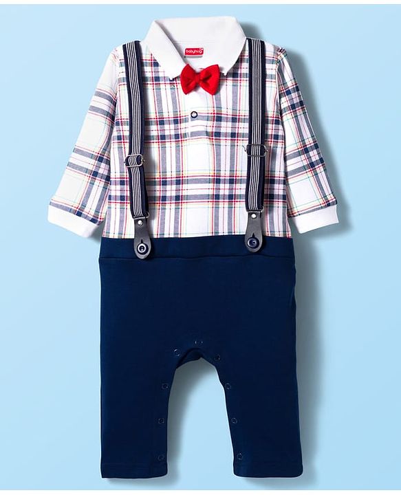 Babyhug Interlock Knit Full Sleeves Checks Party Romper With Bow Applique & Suspender - Navy Blue & White