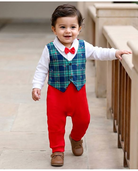 Babyhug Interlock Knit Full Sleeves Party Romper with Attached Waist Coat & Bow & Check Detailing - White Blue & Red